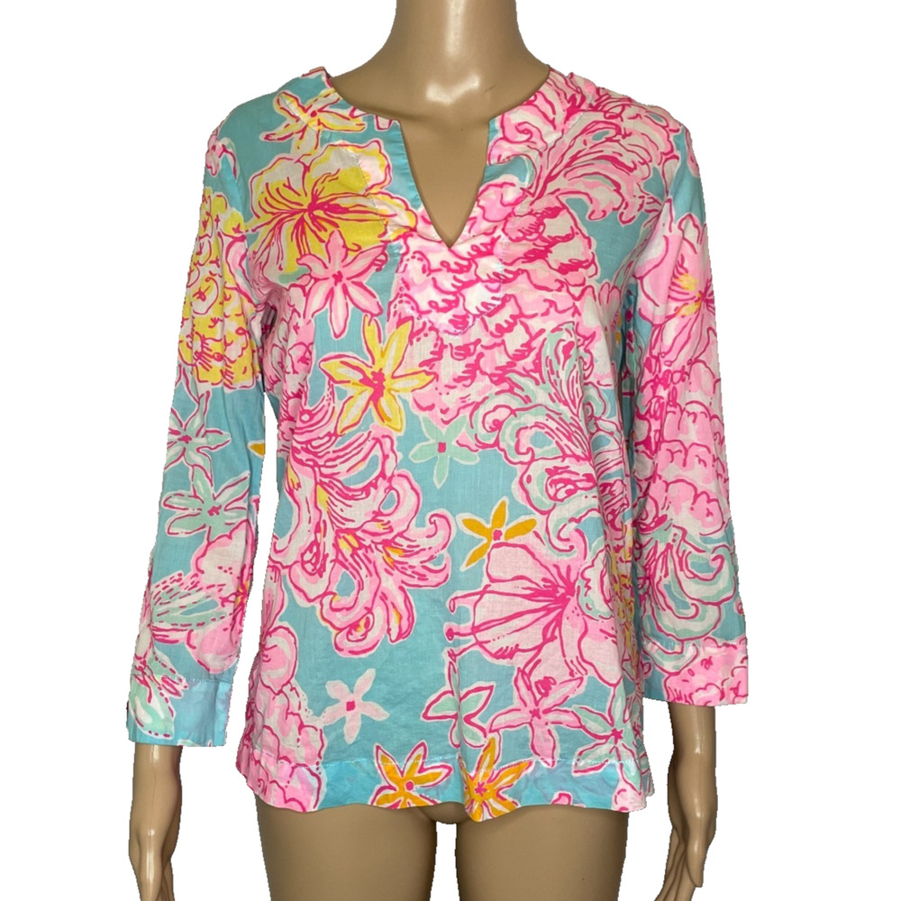 Women's XS 100% Cotton Lilly Pulitzer Amelia Island Floral Tunic Blouse